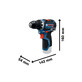 Pildil on näha Bosch GSR 12V-32 akutrell koos kahe akuga ja selle mõõtmed.